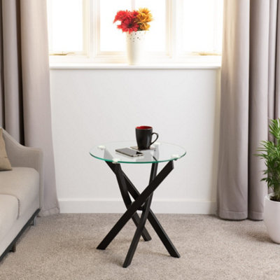 Sheldon Lamp End Round Table Clear Glass Top with Stylish Black Wavy Legs