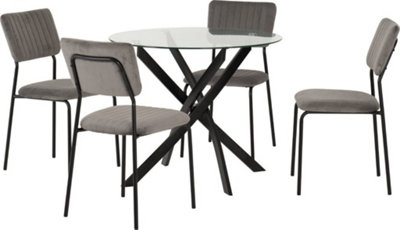 Sheldon Round Clear Glass Top Dining Set with 4 Grey Velvet Fabric Chairs