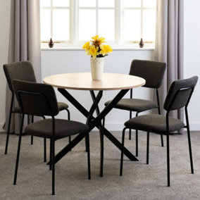 Sheldon Round Wooden Top Dining Set with 4 Boucle Grey Fabric Chairs