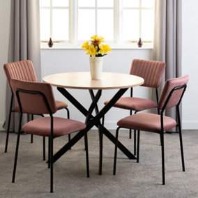 Sheldon Round Wooden Top Dining Set with 4 Pink Velvet Fabric Chairs