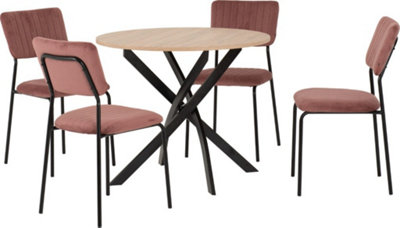 Sheldon Round Wooden Top Dining Set with 4 Pink Velvet Fabric Chairs