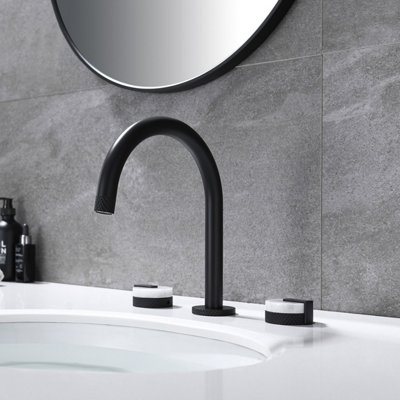 Shelf Mounted Black Curved Tap With Double Marble Handles