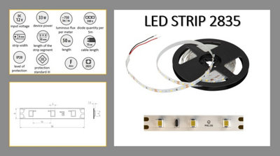SHINE tape 2835, 300LED, 33W, IP20, 8mm, 12V (2 cables) - Roll 50m - cold white