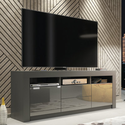 Shine TV Unit 160cm Dark Grey with High Gloss Doors and LED Lighting ...