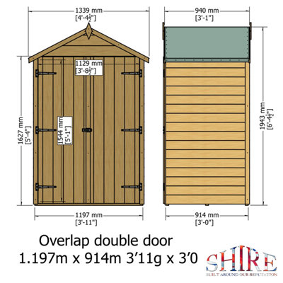 Shire 4x3 Overlap Double Door Windowless Apex Shed Pressure Treated - 6
