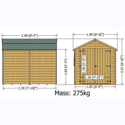 Shire 8x6 Overlap Premium Double Door Windowless Apex Shed Pressure Treated - 8