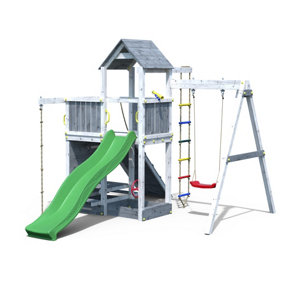 Shire Activity Tower Climbing Frame Finished in Grey and White Satin with Single Swing and Slide