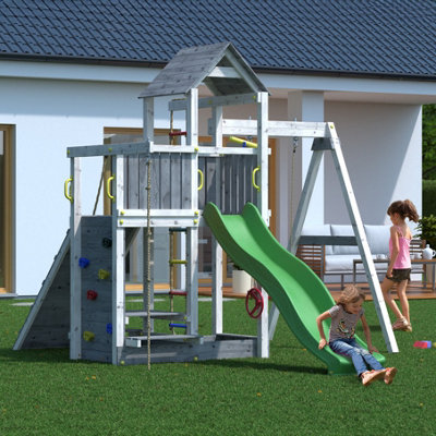 Shire Activity Tower Climbing Frame Finished in Grey and White Satin with Single Swing and Slide