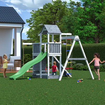Shire Activity Tower Climbing Frame Finished in Grey and White Satin with Single Swing and Slide