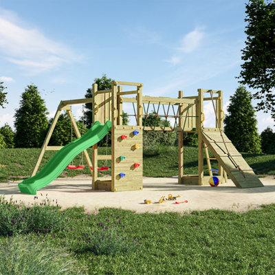 Wooden climbing frame with slide hot sale and swings