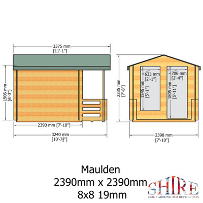 Shire Maulden 8x8 Log Cabin with Veranda 19mm Logs - 8
