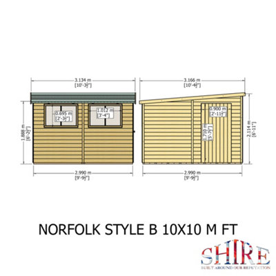 Shire Norfolk Workshop Pent Shed 10x10 Double Door 19mm Loglap Style B - 6
