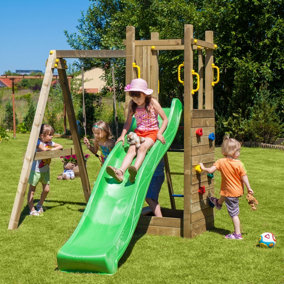 Shire Rumble Ridge Climbing Frame with Rock Wall, Single Swing, Slide and Sandpit