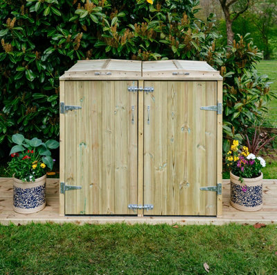 Shireburn Double Wheelie Bin Store - Timber - L80.4 x W145 x H120 cm - Fits 1 x 180L & 1 x 140L Wheelie Bins