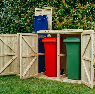 Shireburn Triple Wheelie Bin Store - Timber - L80.4 x W214.2 x H120 cm - Fits 2 x 240L & 1 x 140L Wheelie Bins - 3