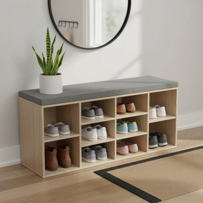 Shoe Bench with Cushion, 10-Compartment Storage Bench with Padded Seat, Adjustable Shelves, for Bedroom, Oak Colour
