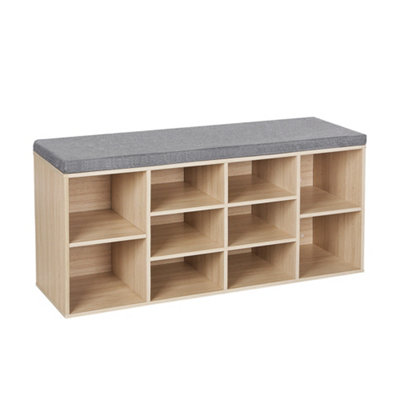 Shoe Bench with Cushion, 10-Compartment Storage Bench with Padded Seat, Adjustable Shelves, for Bedroom, Oak Colour