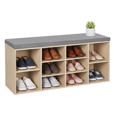 Shoe Bench with Cushion, 10-Compartment Storage Bench with Padded Seat, Adjustable Shelves, for Bedroom, Oak Colour