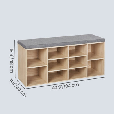 Shoe Bench with Cushion, 10-Compartment Storage Bench with Padded Seat, Adjustable Shelves, for Bedroom, Oak Colour