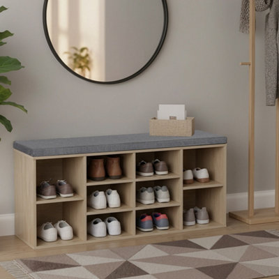Shoe Bench with Cushion, 10-Compartment Storage Bench with Padded Seat, Adjustable Shelves, for Bedroom, Oak Colour