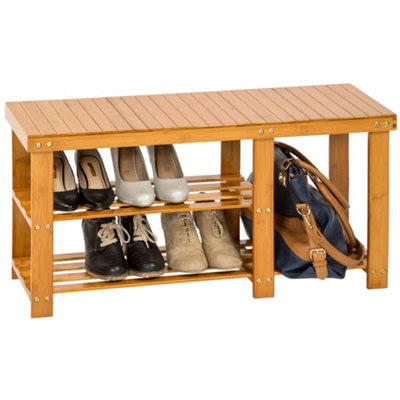 Shoe rack bamboo with bench and separate compartment - brown