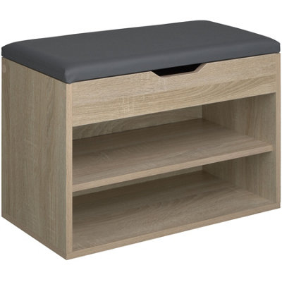 Shoe Rack Jasmina - bench with cushion, 2 shelves for 6 pairs of shoes, hinged lid - Wood light, oak Sonoma
