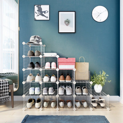 Shoe Rack, Modular DIY Storage Unit Metal Wire Grid, Interlocking Shoe ...