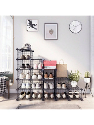 SHOE RACK, MODULAR DIY STORAGE UNIT METAL WIRE GRID, INTERLOCKING SHOE ...