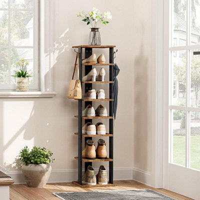 Shoe Rack Wooden Tall Shoe Rack Narrow Shoe Storage Organizer with 2 Hooks Slim Shoe Shelf Vertical Shoe Tower for Entrance