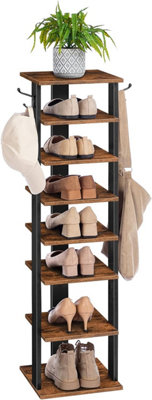 Shoe Rack Wooden, Tall Shoe Rack, Narrow Shoe Storage Organizer with 2 Hooks, Slim Shoe Shelf, Vertical Shoe Tower for Entrance,