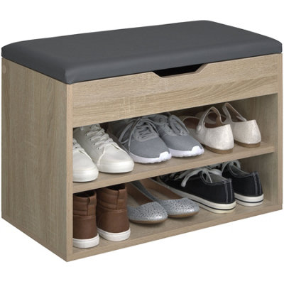 Shoe storage bench Jasmina with 2 shelves and hinged lid - Wood light, oak Sonoma