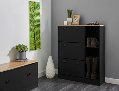 Shoe Storage Cabinet with Dropdown Drawers and Open Shelves in Black DIY at B Q