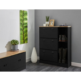 Shoe Storage Cabinet with Dropdown Drawers and Open Shelves in Black