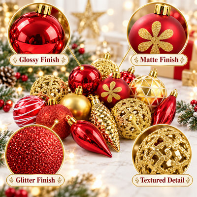 ShopnBits 103PCS Christmas Tree Baubles Set Red & Gold Shatterproof ...
