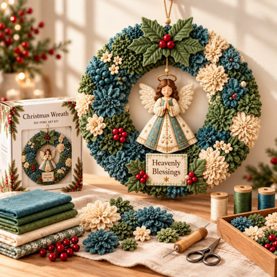 ShopnBits 3D Fabric Poke Art Christmas Wreath DIY Kit Angel Design ...