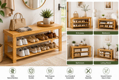 ShopnBits Bamboo Shoe Rack Bench 90cm Wooden Storage Shelf Entryway Organiser Hallway Seating Stand Natural