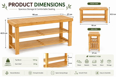 ShopnBits Bamboo Shoe Rack Bench 90cm Wooden Storage Shelf Entryway Organiser Hallway Seating Stand Natural