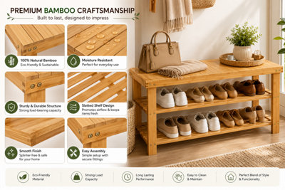 ShopnBits Bamboo Shoe Rack Bench 90cm Wooden Storage Shelf Entryway Organiser Hallway Seating Stand Natural
