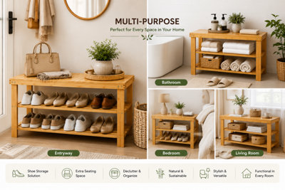 ShopnBits Bamboo Shoe Rack Bench 90cm Wooden Storage Shelf Entryway Organiser Hallway Seating Stand Natural