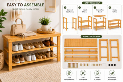 ShopnBits Bamboo Shoe Rack Bench 90cm Wooden Storage Shelf Entryway Organiser Hallway Seating Stand Natural