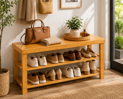 ShopnBits Bamboo Shoe Rack Bench 90cm Wooden Storage Shelf Entryway Organiser Hallway Seating Stand Natural