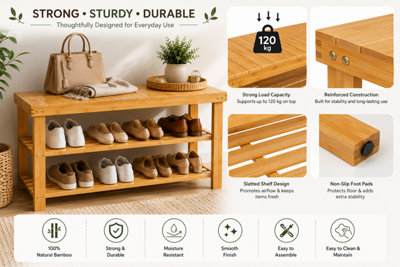 ShopnBits Bamboo Shoe Rack Bench 90cm Wooden Storage Shelf Entryway Organiser Hallway Seating Stand Natural