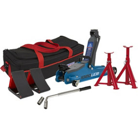 Short Chassis Trolley Jack Kit - Axle Stands & Wheel Chocks - Wrench Set - Blue