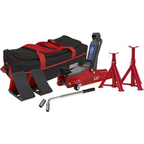 Short Chassis Trolley Jack Kit - Axle Stands & Wheel Chocks - Wrench Set - Red
