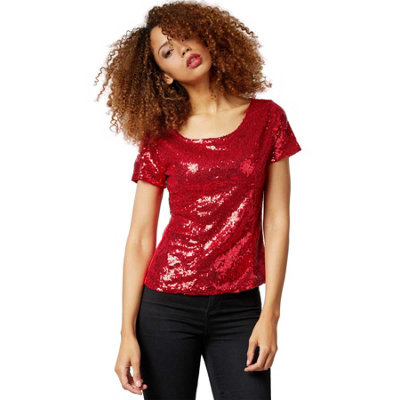 Ladies Solid Top with Sequin Sleeves-Beige main image 0