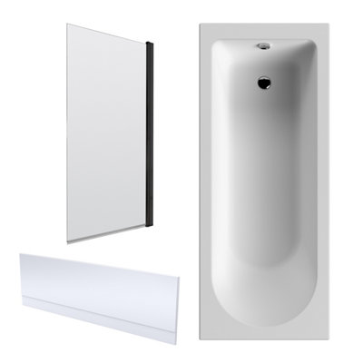 Shower Bath Bundle Single End Round Tub, Front Panel & Square Bath Screen, 1700mm x 750mm, Black