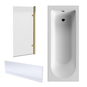 Shower Bath Bundle Single End Round Tub, Front Panel & Square Hinged Bath Screen, 1700mm x 700mm - Brushed Brass - Balterley