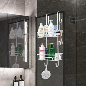 Shower Caddy 2 Tier Aluminium Over Door Shower Shelf with Two Baskets and 2 Hooks - Silver