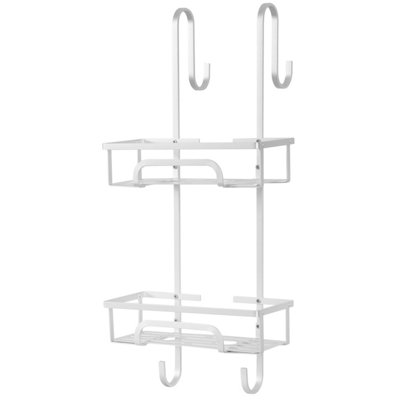 Shower Caddy 2 Tier Aluminium Over Door Shower Shelf with Two Baskets and 2 Hooks - Silver