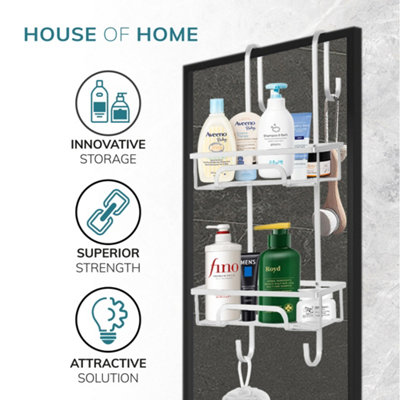 Shower Caddy 2 Tier Aluminium Over Door Shower Shelf with Two Baskets and 2 Hooks - Silver - 3